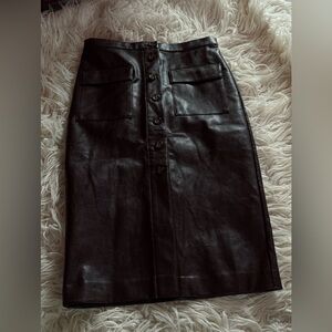 Ann Taylor Brown Faux Leather Button Front Midi Skirt Size 4 Utility Pocket Fall